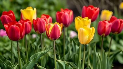Fototapeta premium Close-up of red and yellow tulips in a garden.