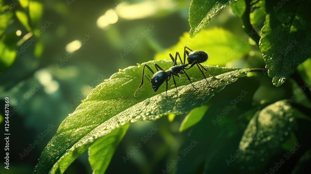 Poster a high-resolution image of a single ant on a green leaf, showcasing its fine details and texture as 