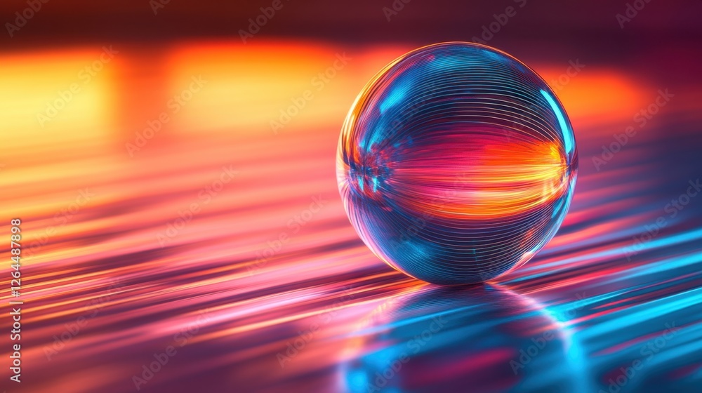Poster abstract transparent glass holographic sphere with cascading lines on an illuminated background, 3d 