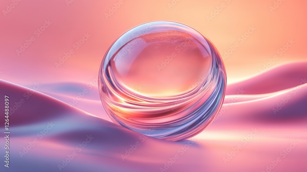 Poster abstract transparent glass liquid sphere with shifting lines on a gradient background, 3d rendering 