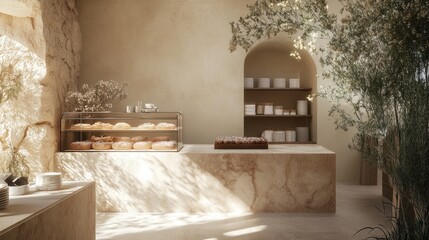 Minimalist caf with sunlight highlighting fresh pastries