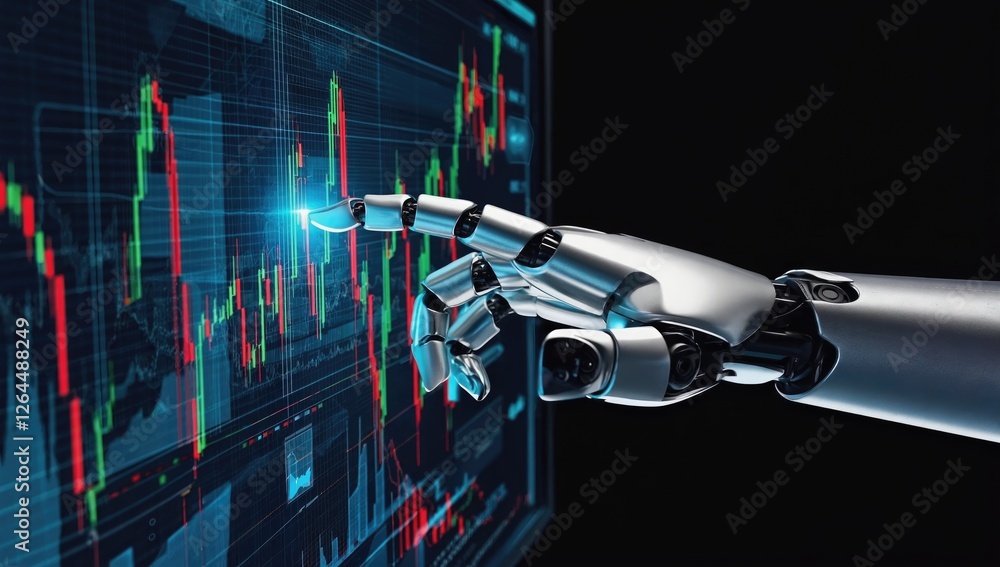 Aufkleber ai trading bot: a robotic hand interacts with a dynamic stock market graph, showcasing the power of 