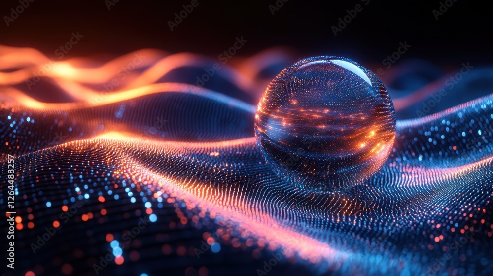 Fototapete A glowing sphere is floating on a blue and orange background. The sphere is surrounded by a field of glowing dots, creating a sense of movement and energy. The image evokes a feeling of wonder