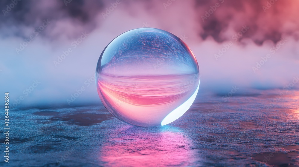 Poster abstract transparent glass spectral sphere with ethereal lines on a misty background, 3d rendering i