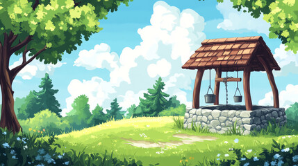 Old stone well with drinking water on green hill. Vector cartoon summer landscape with vintage well with wooden roof, pulley and bucket. Basin for water source or spring near farm or village