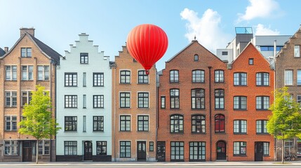 Charming European Townhouses Red Hot Air Balloon Aerial View