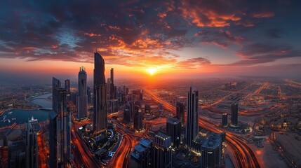 Fototapeta premium A high-resolution photo capturing the sun dipping below the horizon between two modern skyscrapers, with the city lights beginning to twinkle as the sky transitions from day to night.