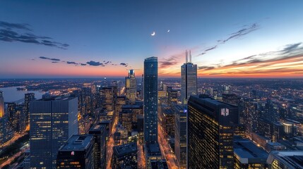 Fototapeta premium A high-resolution photo capturing the sun dipping below the horizon between two modern skyscrapers, with the city lights beginning to twinkle as the sky transitions from day to night.