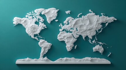 White 3D World Map on Teal Background: A 3D white world map on a teal background, combining geographical detail with modern color schemes.