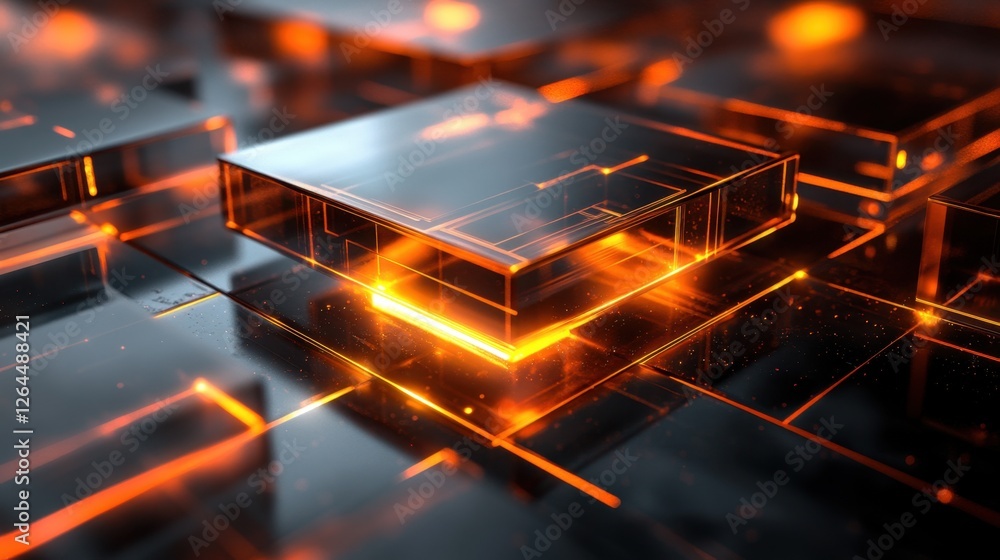 Poster abstract transparent glass futuristic module with glowing lines on a reflective background