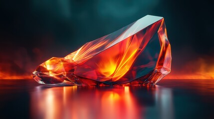 A large, red crystal is sitting on a dark surface. The crystal is surrounded by a pool of water, which reflects the light from the crystal. The image has a dreamy, ethereal quality to it