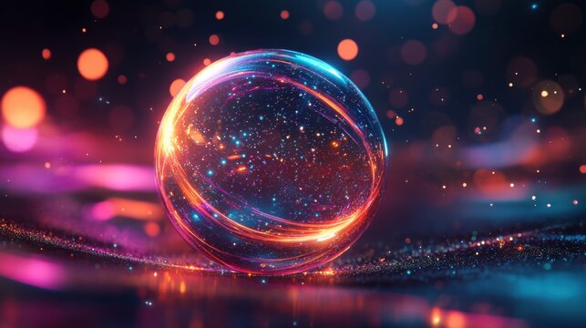 A glowing, colorful sphere with a starburst pattern on it. The sphere is surrounded by a lot of glitter, giving it a dreamy, otherworldly appearance