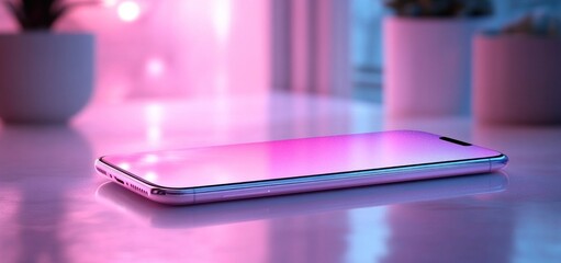 Pink Smartphone on Reflective Surface with Soft Lighting