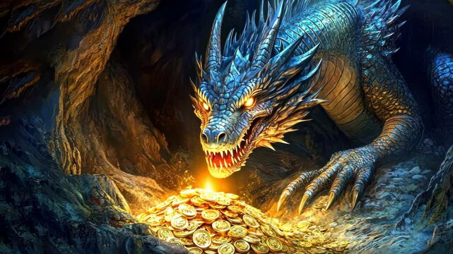 Majestic Dragon Guarding Treasure in Mystical Cave, loop, looping, 