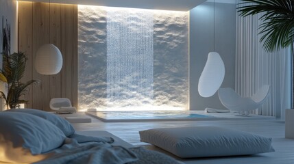 Modern indoor water wall with soft LED lighting