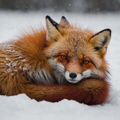Obraz premium A strikingly beautiful red fox curled up with its tail wrapped around itself on a white surface.