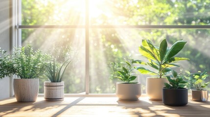 Fototapeta premium Morning caf patio with sunlight and potted plants