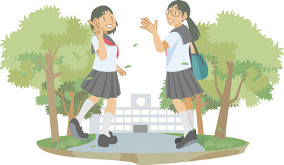 新緑の並木道を登校する女子生徒たち