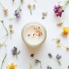 Scented Soy Candle with Dried Flowers Aromatic Natural Light White Relaxation Wellness Spa Gift Home Decor wax zen calm cozy serene floral beauty     