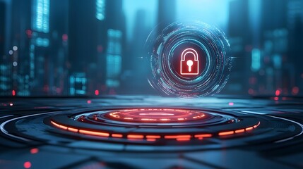 A futuristic digital representation of a lock symbol, highlighting themes of cybersecurity and data protection in a high-tech environment.