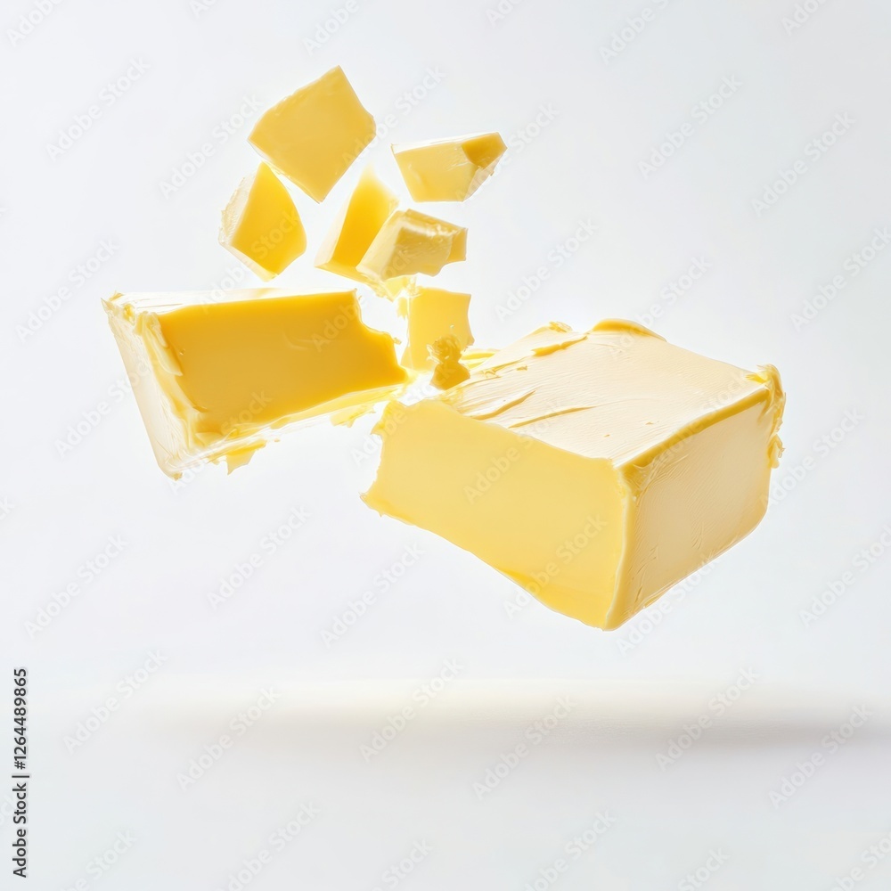 Poster exploding butter block breaking background floating isolated.