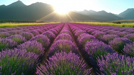 Obraz premium A picturesque lavender field in full bloom at sunrise, with neat rows of vibrant purple stretching into the distance, set against a backdrop of mountains and a glowing sun