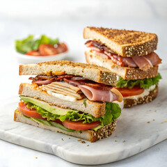 Classic club sandwich slice layers of fresh ingredients on a white background