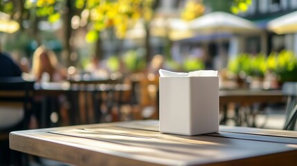 Colorful artistic napkin dispenser with swirling abstract design on a restaurant dining table.