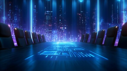 A futuristic boardroom with glowing blue lights and a digital interface, set against a vibrant city skyline.
