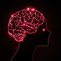 Obraz premium Silhouette of human head with brain highlighted in red neon light. World Mental Health Day. World Stroke Day. International Epilepsy Day