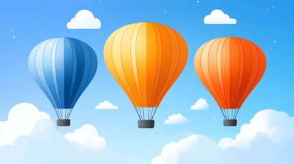 Fototapeta premium Three Colorful Hot Air Balloons Soaring Above Fluffy Clouds Sunny Day Adventure Travel