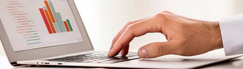Expert Business Consulting for Professional Strategy and Corporate Analysis, A hand using a laptop displaying colorful charts and graphs for data analysis.