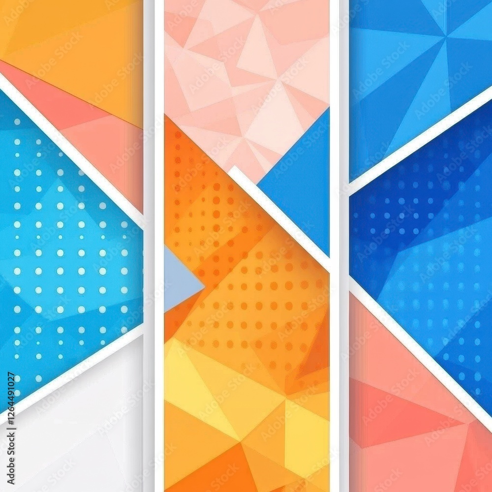 Poster abstract geometric pattern in blue orange and white tones with triangular shapes and gradients