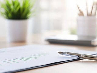 successful investor  wealth  planning concept. Desk scene with documents, a pen, and plants in a bright workspace.