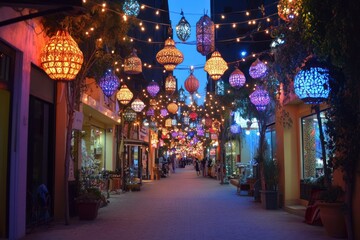 Fototapeta premium Magical Illuminated Street at Night with Colorful Lanterns