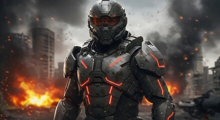 Futuristic Soldier Combat Armor Urban Battlefield Heavy Fire Tactical Gear Glowing Accents Generative Ai