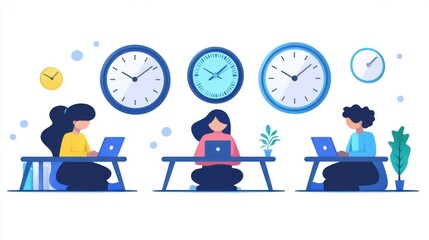 Three People Working on Laptops in Modern Office with Clocks