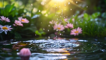 Water droplets splash on pond, flowers, sunlit garden