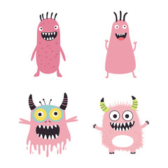 Set of Pink Cute Crazy Ugly Monster Mascot Cartoon Character with Humor Happy Expression