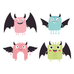 Fototapeta premium Set of Winged Cute Crazy Ugly Monster Cartoon Character with Humor Happy Expression