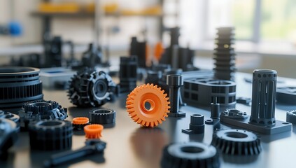 Fototapeta premium Precisely Engineered Gears and Components: A Detailed Look at Industrial 3D-Printed Parts, Manufacturing Processes, and Advanced Technologies