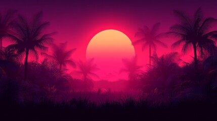 Vibrant Sunset Silhouette Tropical Palms Retro Aesthetic Digital Art