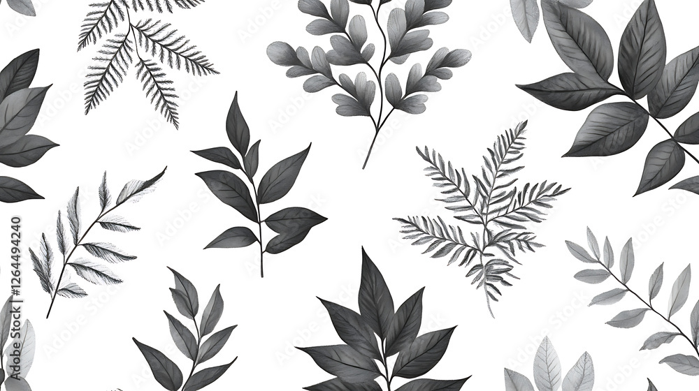 Poster elegant monochrome foliage pattern featuring various leafy branches for creative projects and design