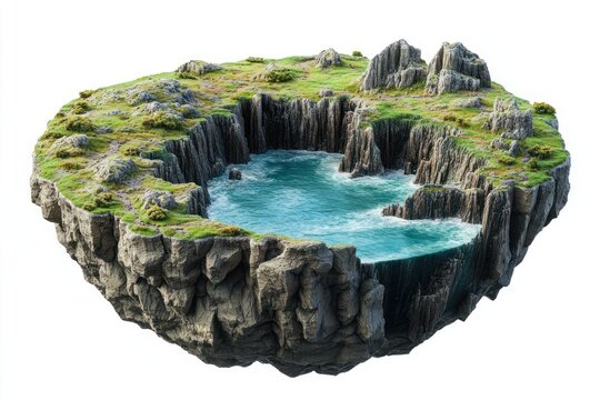 Real flat floating island rocks isolated terrain. - Powered by Adobe