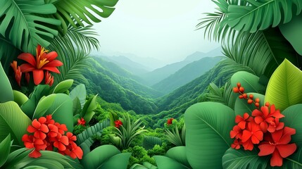 Lush Tropical Rainforest Panorama: Vibrant Red Flowers and Verdant Valley Vista