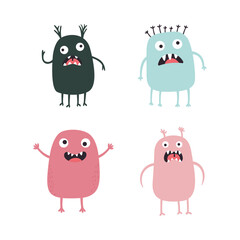 Set of Colorful Cute Crazy Ugly Monster Mascot Cartoon Character with Humor Happy Expression