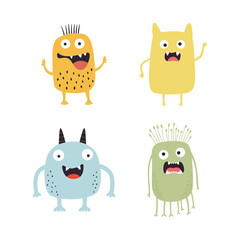 Set of Colorful Cute Crazy Ugly Monster Mascot Cartoon Character with Humor Happy Expression