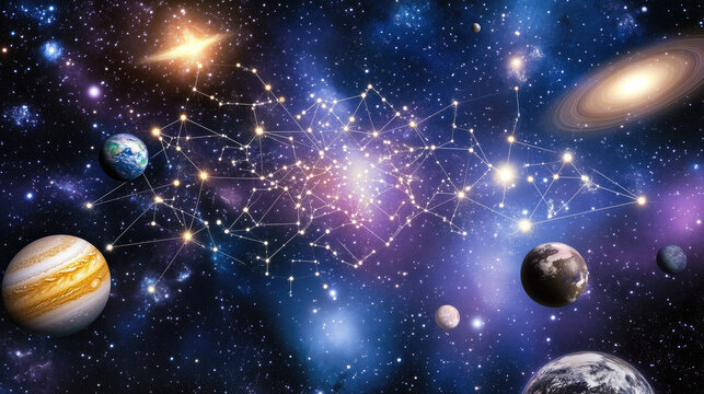 An abstract glowing grid of stars and planets, symbolizing the precision of universal space measurement.