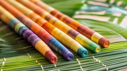 Colorful Spools of Thread on Tropical Green Leaves Background