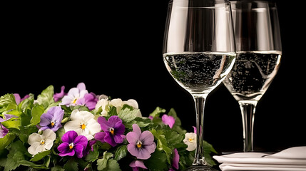 Elegant Sparkling Wine Toast with Pansies in Full Bloom for Special Celebration
